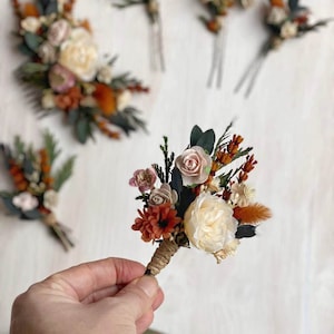 Burnt orange flower hair comb Terracotta wedding headpiece Bunny tails and roses hair comb Autumn flower hair comb Magaela Fall accessories Large boutonniere