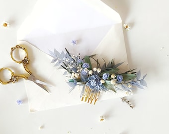 Romantic bridal hair comb Baby blue flowers Blue bridal hair comb Greenery hair comb Bridal hairstyle Blue and green hair comb Flower hair