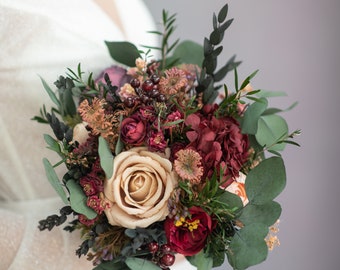 Smaller Burgundy and cream flower bouquet Fall wedding bouquet Bridal eucalyptus and roses bouquet Magaela accessories