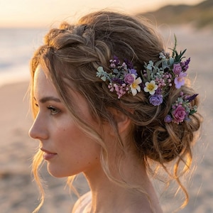 Può includere: Una donna con i capelli biondi acconciati in una treccia e uno chignon, adornata con un fermaglio floreale. Il fermaglio presenta fiori viola, rosa e bianchi con foglie verdi. Lo sfondo è una scena di spiaggia con una luce dorata soffusa.