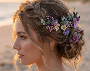 Fermagli per capelli da sposa in stile boho, set di accessori per capelli da sposa con fiori selvatici, fermagli per capelli con fiori viola, accessorio per capelli da sposa boho