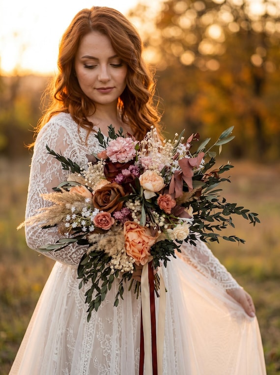 Rustic Boho Wedding Bouquet: Autumn Burgundy, Olive Leaves