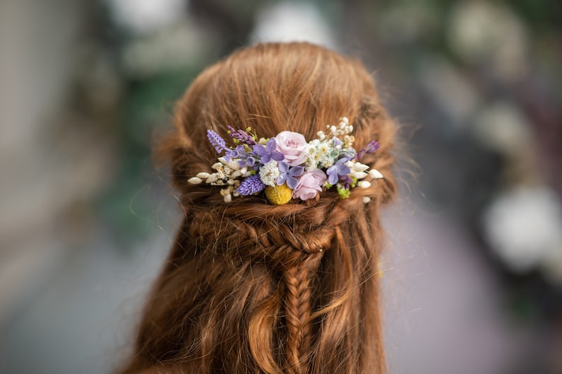 Spring lavender flower hair comb Lilac wedding headpiece Purple and yellow bridal flower comb Custom Summer wedding hair accessories Magaela image 1