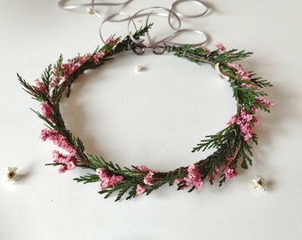 Delicate pink and green bridal hair wreath Woodland wreath Autumn wedding Rustic wedding Evergreen wreath Flower bridal crown Bride to be