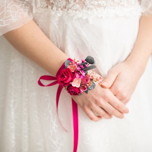 Fuchsia flower bracelet Magenta bridal bracelet Romantic Pink rose wrist corsage Bridesmaid gift Wedding accessories Magaela jewellery image 6