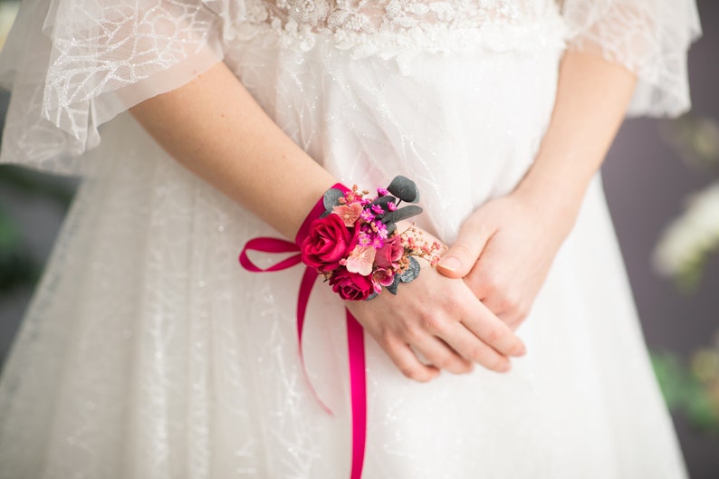 Fuchsia flower bracelet Magenta bridal bracelet Romantic Pink rose wrist corsage Bridesmaid gift Wedding accessories Magaela jewellery image 6