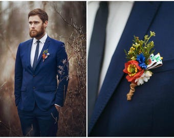 Boutonnière de fleurs folkloriques Boutonnière de mariage Accessoires pour marié Boutonnière romantique Boutonnière faite à la main Boutonnière de marié Accessoires de mariage