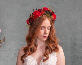 Red Rose Bridal Crown: Burgundy Flower Half Wreath Headpiece