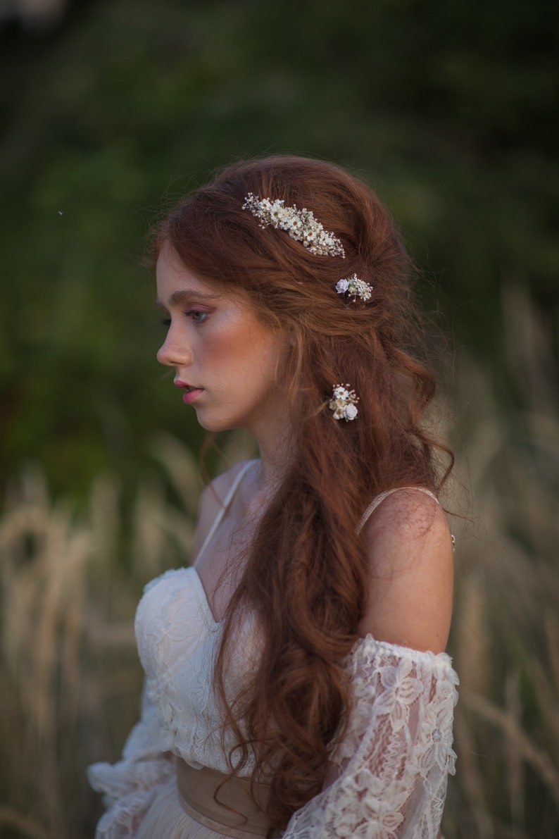 Ensemble de cheveux de fleurs séchées Épingles à cheveux séchées ivoire Épingles à cheveux beiges Mini rose Peigne de mariée naturel Accessoires pour cheveux Coiffure de mariée romantique Magaela image 2