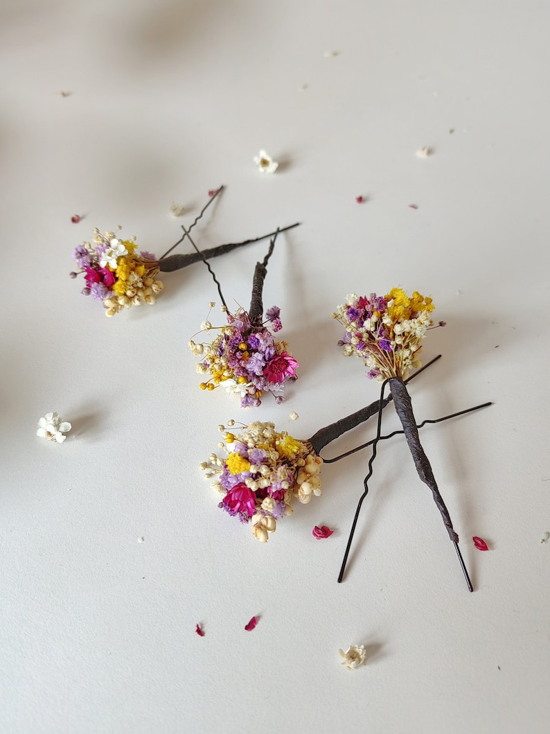 Summer dried flower hairpins Magenta violet yellow hairpins Preserved flowers Bridal hair accessories Natural preserved hairpins Magaela image 4