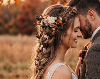 Terracotta Fall Wedding Hair Comb Set | Autumn Bridal Hair Accessories | Burnt Orange Boho Wedding Hairpiece & Boutonniere