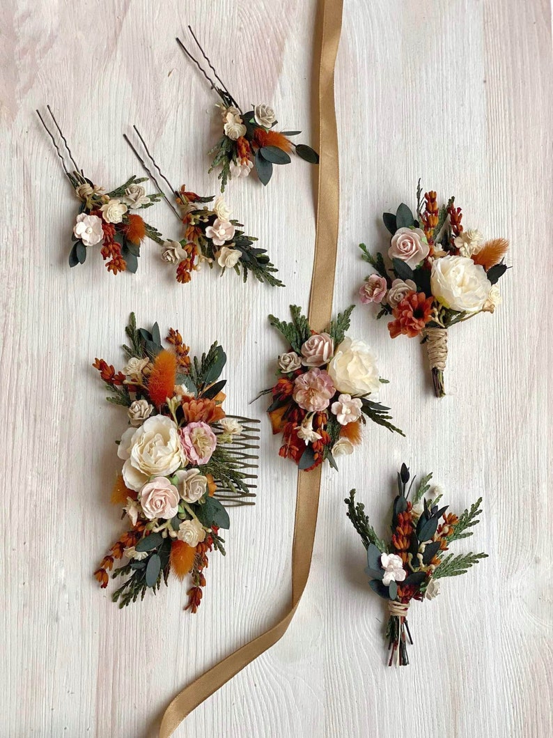 Burnt orange flower hair comb Terracotta wedding headpiece Bunny tails and roses hair comb Autumn flower hair comb Magaela Fall accessories image 5