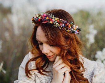 Bunte Hochzeit Haar Krone Braut Wiese Kopfschmuck Blumenkrone für Braut Konservierte langlebige Krone Wildblumen Hochzeit Herbst Magaela