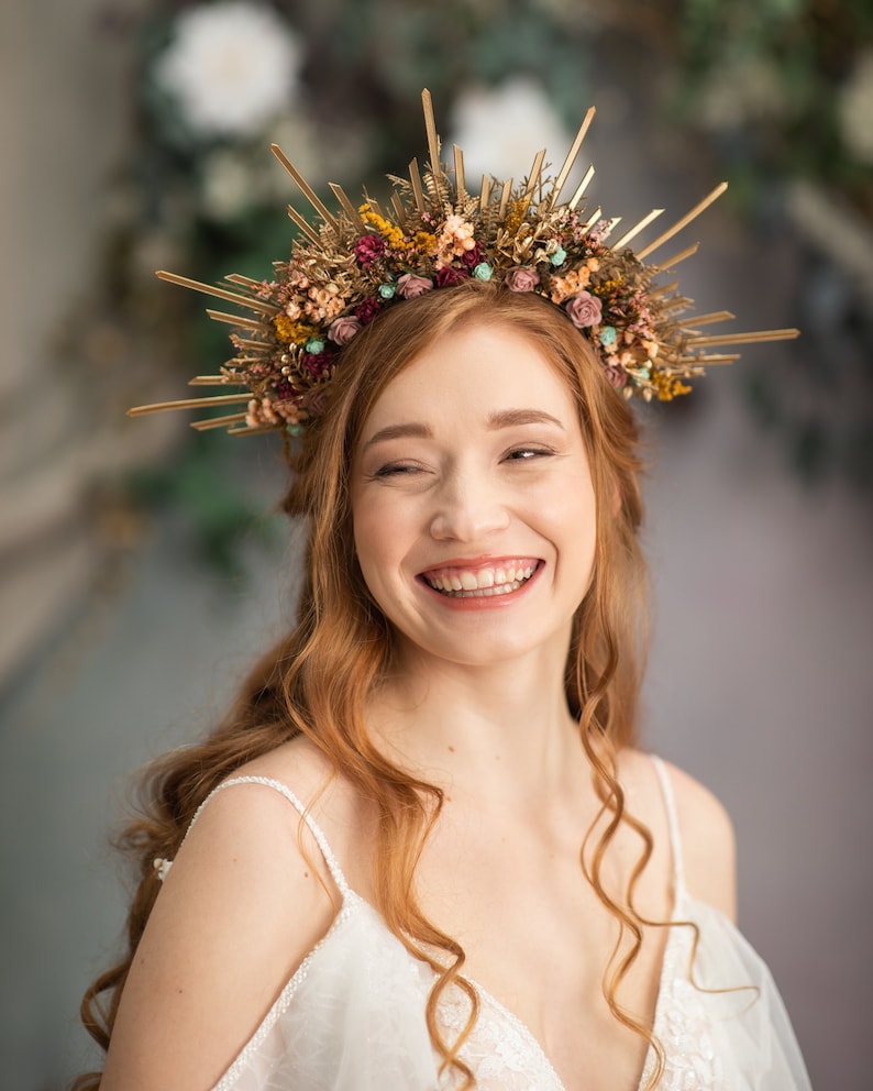 Autumn flower halo crown Sun ray fall halo crown Burgundy pink Spiked wedding crown Met gala headband Golden bridal spike crown Magaela image 1