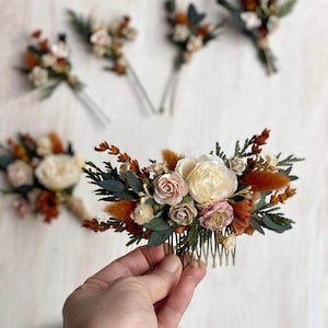 Terracotta autumn flower wedding set Bridal hair comb Burnt orange wedding hairpins Boutonniere for groom Cinnamon boutonniere Magaela image 9