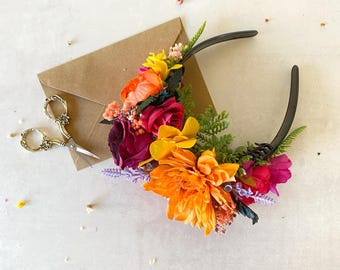 Magenta Orange Frida Flower Crown: Boho Floral Headband
