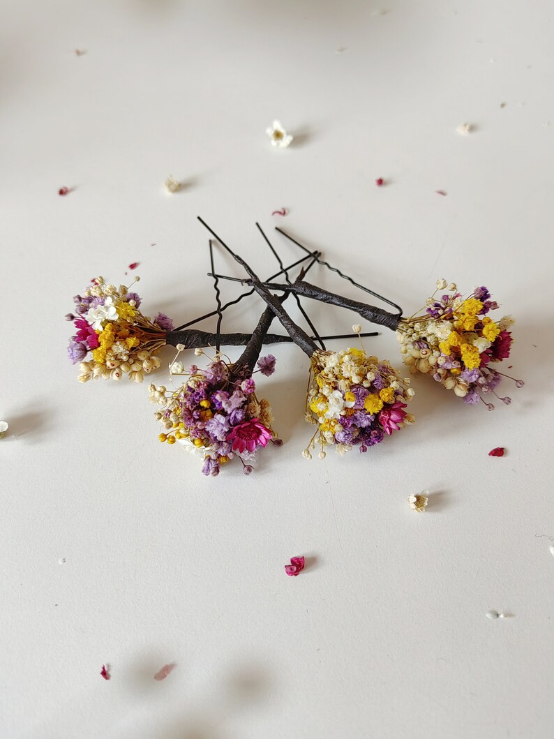 Summer dried flower hairpins Magenta violet yellow hairpins Preserved flowers Bridal hair accessories Natural preserved hairpins Magaela image 2