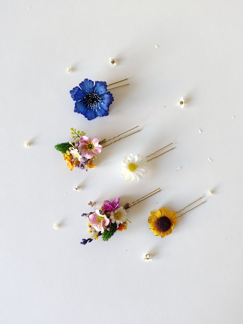 Set of hairpins Meadow flowers Wild flowers Bridal hair Flower hairpins Summer wedding Garden wedding Flower hair accessories Sunflower zdjęcie 6