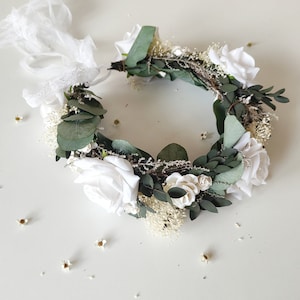 Eucalyptus bridal hair wreath Eucalyptus and white roses crown Greenery wedding Boho flower crown Fairycore Flower boho wreath Bride to be image 4