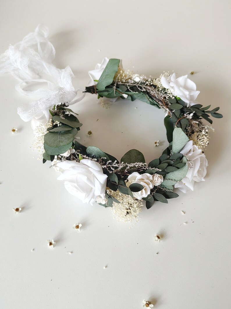 Eucalyptus bridal hair wreath Eucalyptus and white roses crown Greenery wedding Boho flower crown Fairycore Flower boho wreath Bride to be image 4