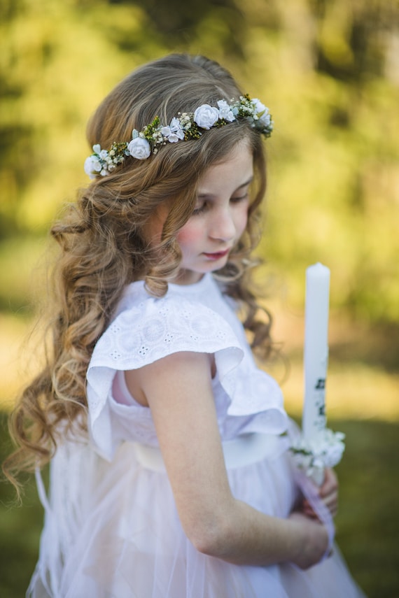 combate Dialecto Niño Tocado de comunión con velo Corona de flores blancas para niña - Etsy México