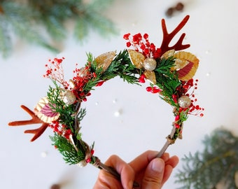 Cerchietto Natalizio Con Corna Di Cervo E Fiori - Accessorio Per Capelli Bohémien, Taglia Unica, Per Donne E Ragazze, Perfetto Per Feste Di Natale