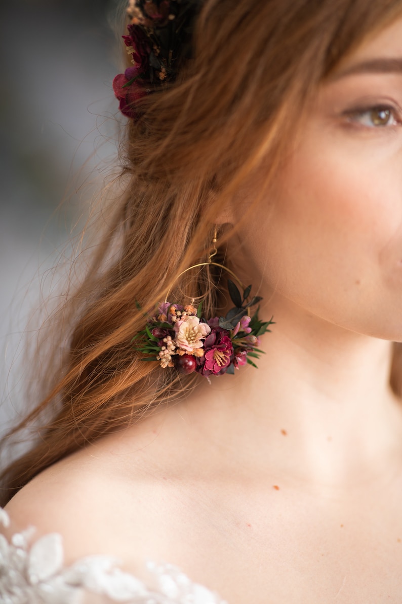 Burgundy circle earrings Romantic wedding earrings Bride to be Hoop earrings Dark pink earrings Magaela accessories Flower jewellery image 3