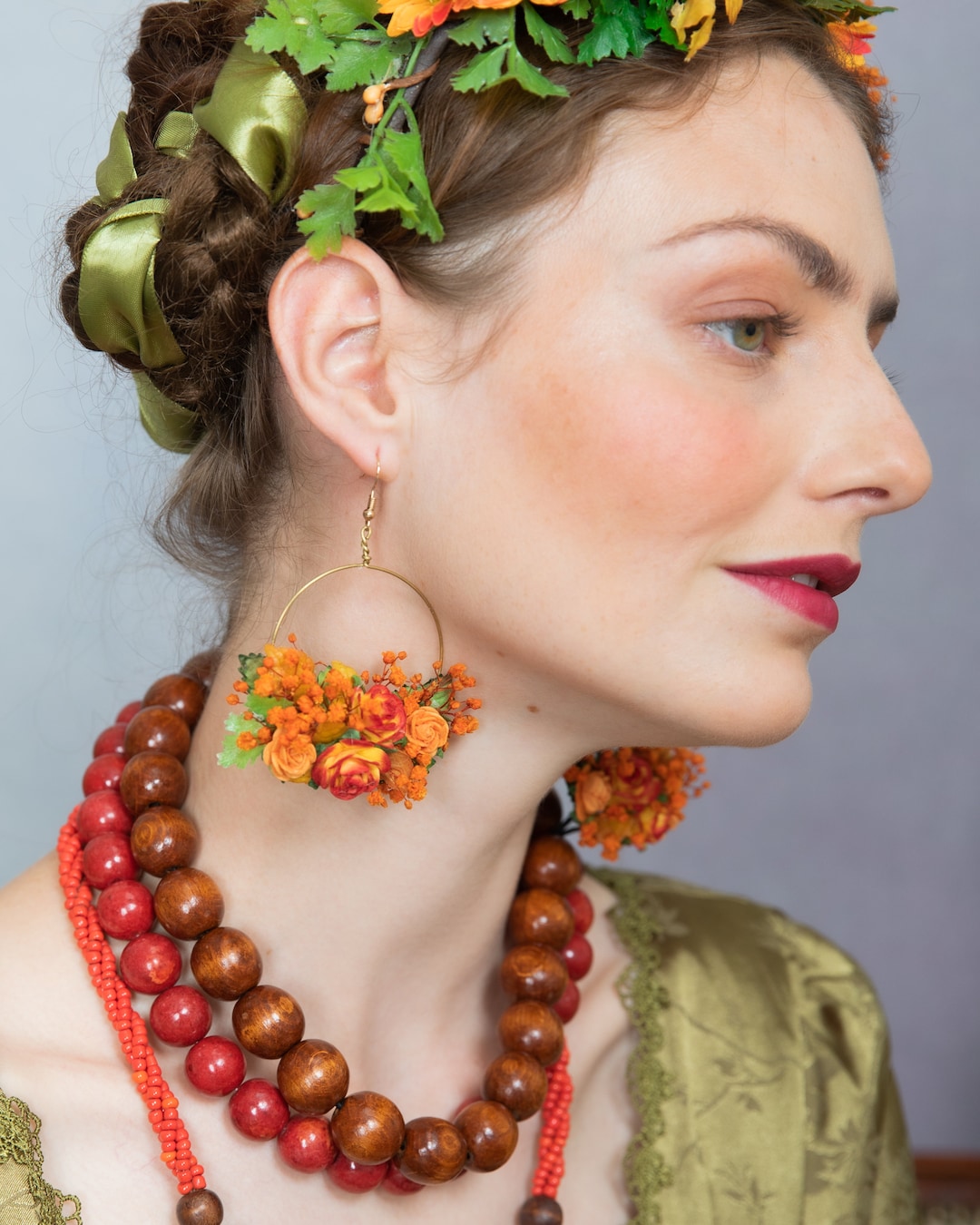 Orange Flower Earrings Sunset Earrings Autumn Circle Earrings Fall