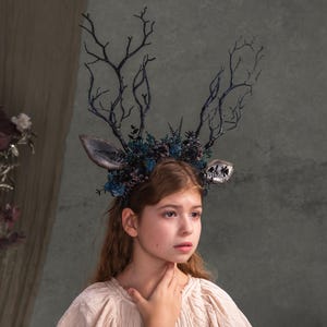 Black and blue crown Headband with antlers Halloween crown Antlers crown Black pagan crown Horns crown Deer crown Fairytale crown Pagan fest