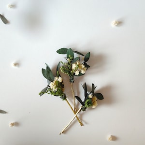 Greenery hairpins Baby's breath eucalyptus hair pins Wedding headpiece Green Bridal pins Bride to be Natural ivory hairpins Customisable image 6