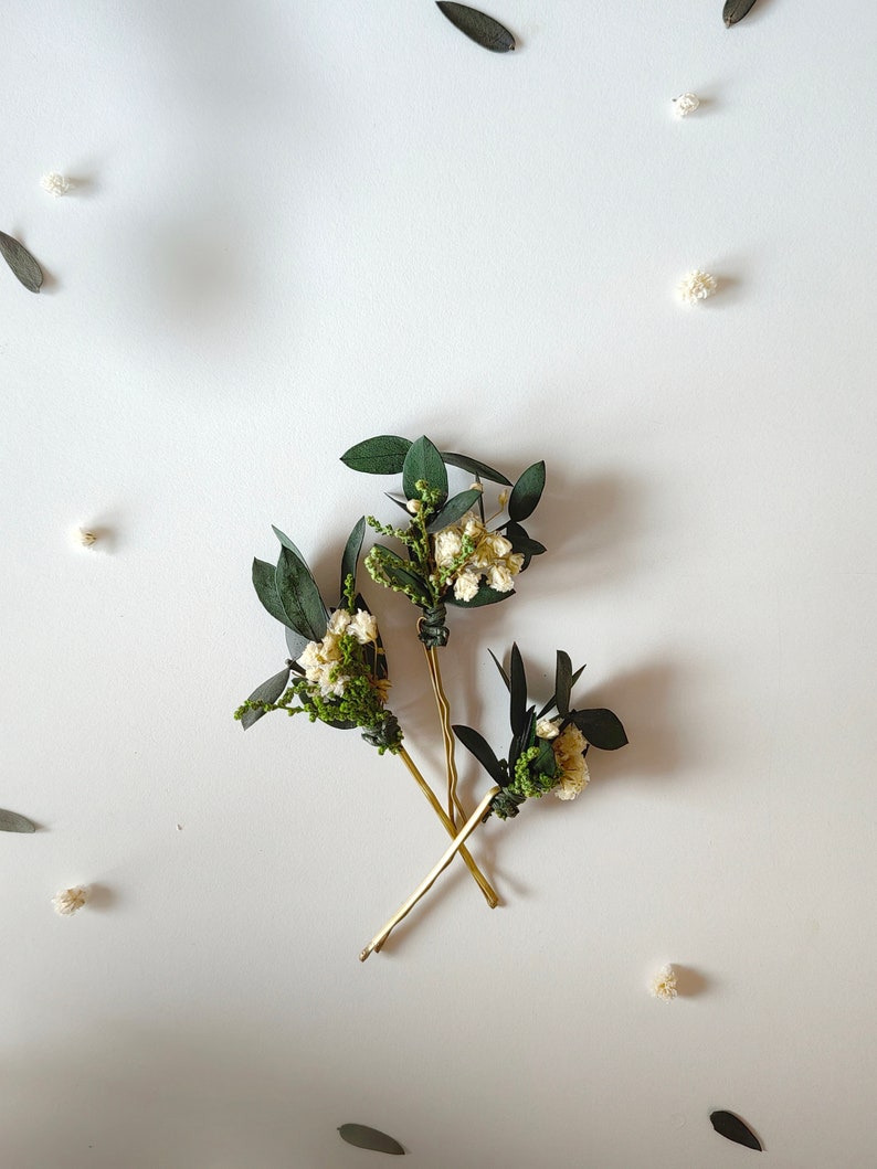 Greenery hairpins Baby's breath eucalyptus hair pins Wedding headpiece Green Bridal pins Bride to be Natural ivory hairpins Customisable image 6