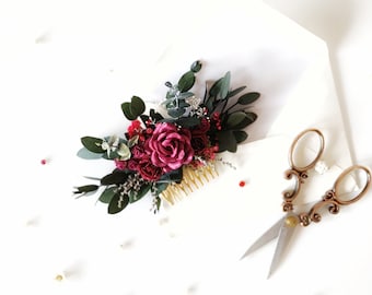 Burgundy hair comb Flower hair comb Autumn wedding Rustic flowers Burgundy flowers Fall wedding Bridal headpiece Bridal flower hair comb