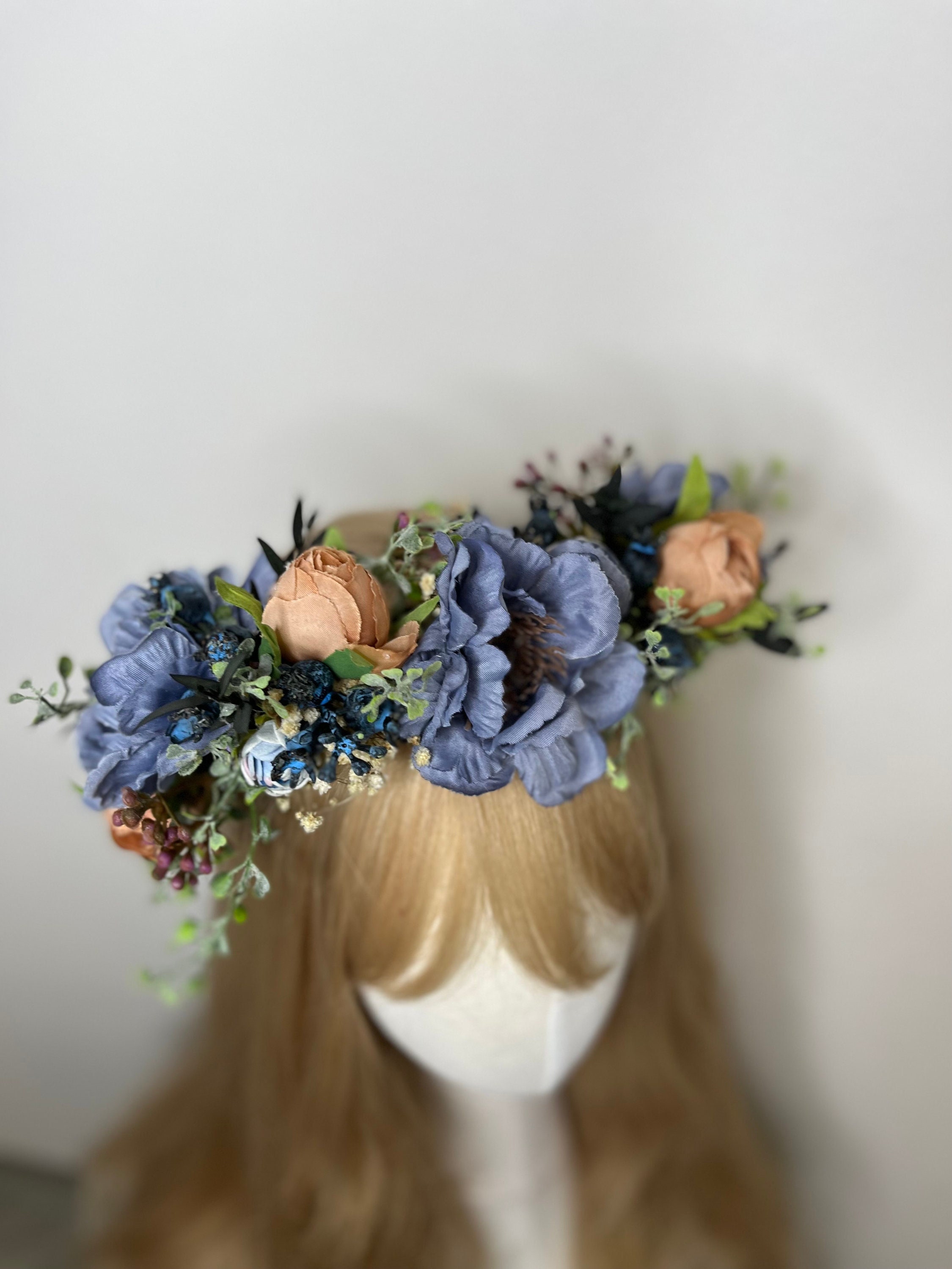 Dusty Blue and Peach Flower Crown Boho Wedding Crown Large Half
