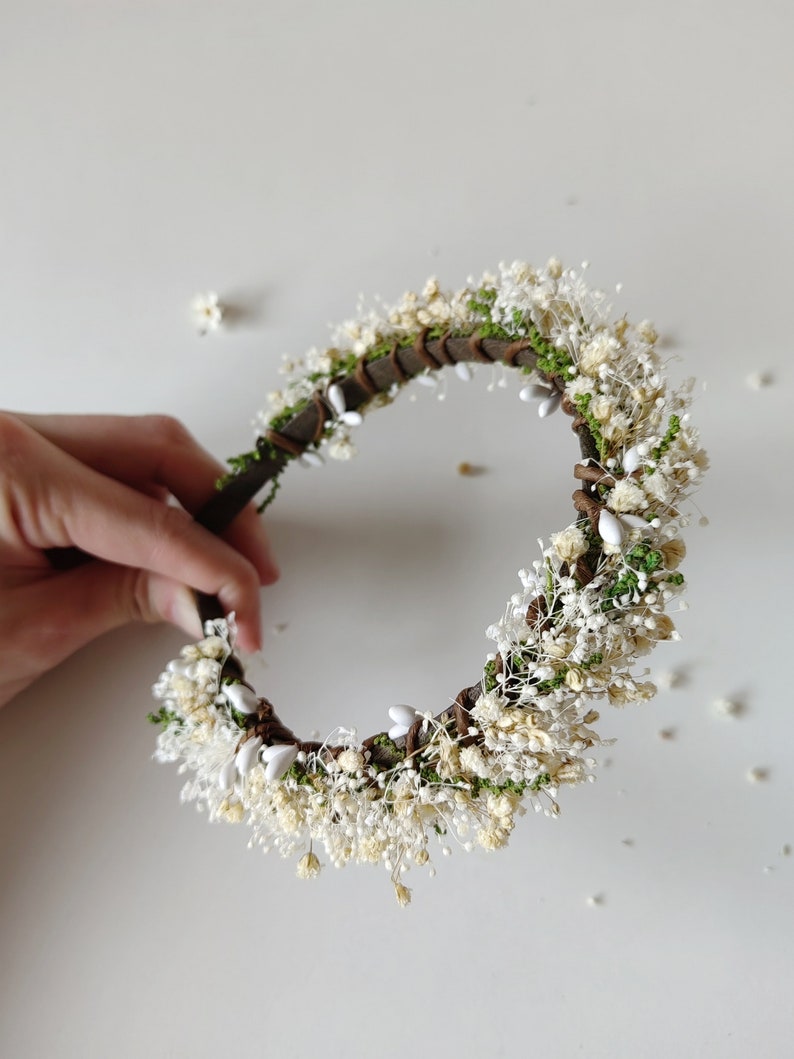 Beige natural dried headband Earthy flower hairband Gypsophila wedding headpiece Barn Rustic wedding Preserved flower headband Magaela image 9