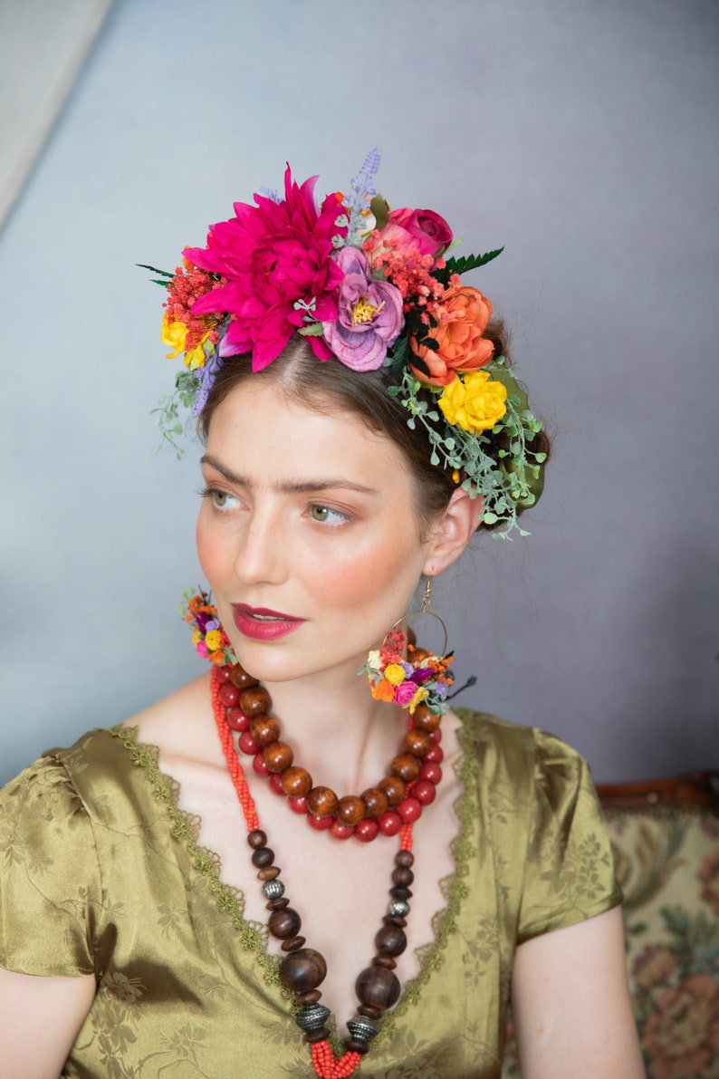 Fuchsia flower headband Frida Kahlo hair crown Colourful wedding hairband Dahlia wedding crown Mexican Day of the Dead Halloween wedding image 1