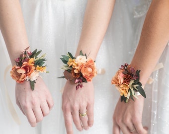 Flower wrist corsages Orange bracelets for bridesmaid Wedding jewellery Prom corsage Autumn bracelet with ribbon Fall accessories Magaela