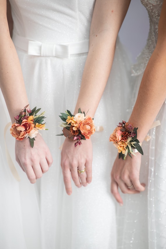 Flower wrist corsages Orange bracelets for bridesmaid Wedding jewellery Prom corsage Autumn bracelet with ribbon Fall accessories Magaela