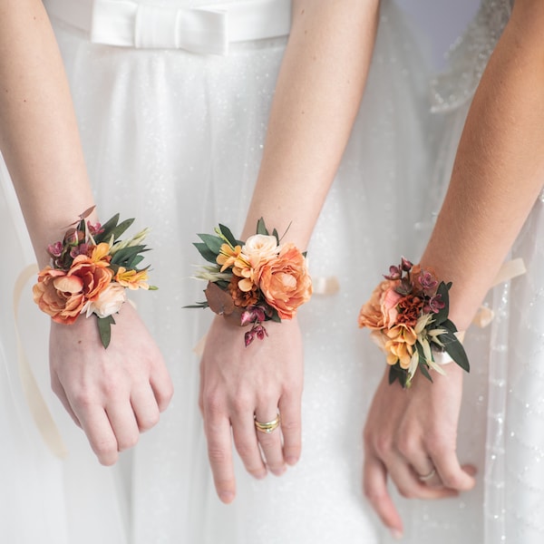 Flower wrist corsages Orange bracelets for bridesmaid Wedding jewellery Prom corsage Autumn bracelet with ribbon Fall accessories Magaela