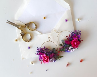 Pendientes circulares de flores magenta: joyas de boda únicas
