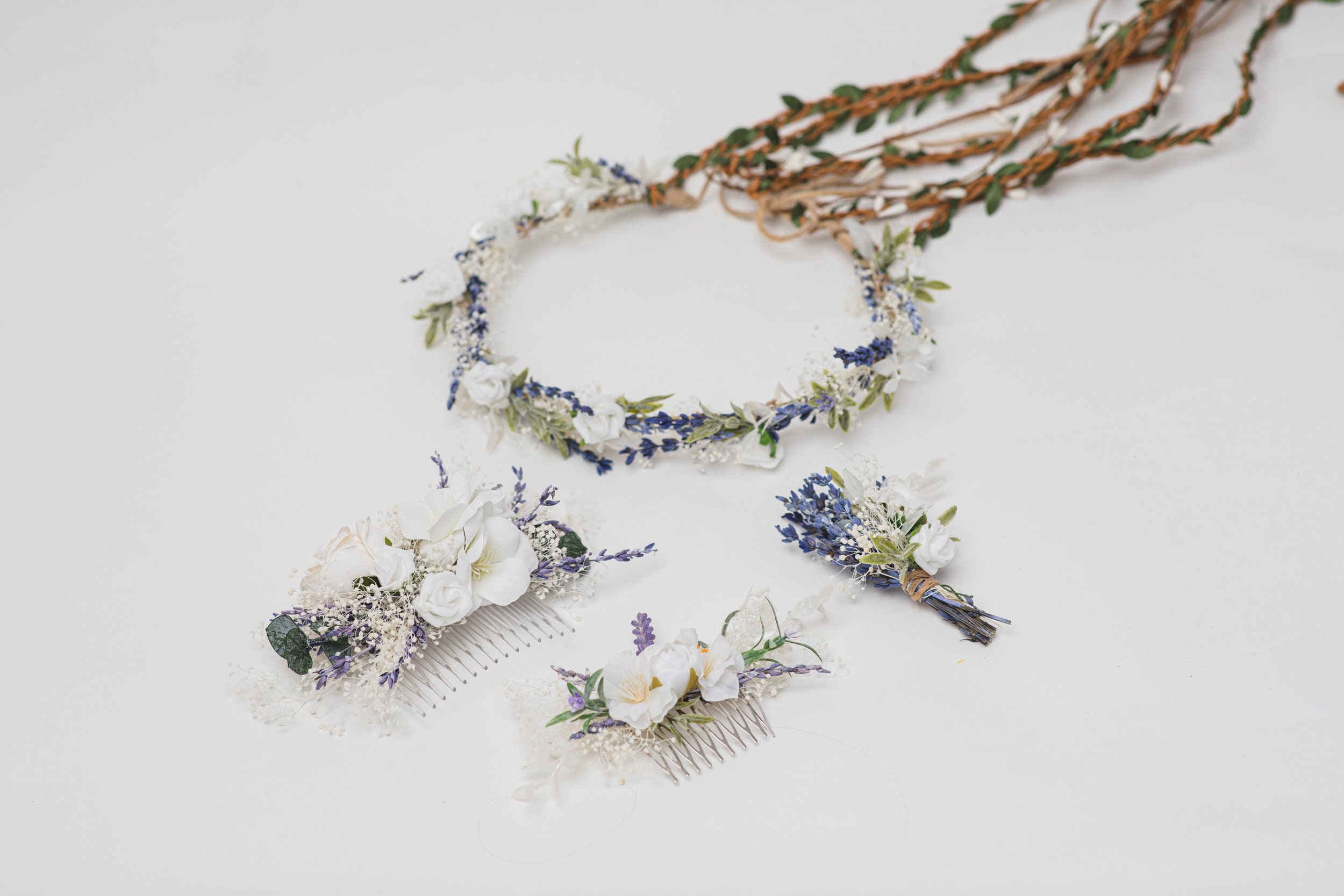 Mezza corona di fiori secchi da sposa / Accessori per capelli della sposa /  Copricapo di lavanda inglese con cipria rosa acceso con pettine per capelli  abbinato -  Italia