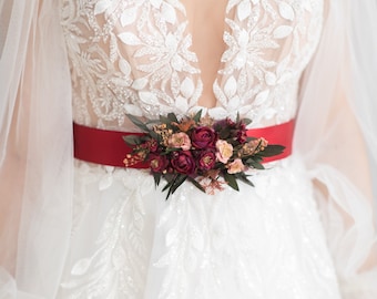 Cintura di fiori bordeaux Cintura di fiori da sposa per la sposa Fusciacca da sposa rosa scuro Cintura di vino rosso Gioielli floreali Accessori da sposa Magaela