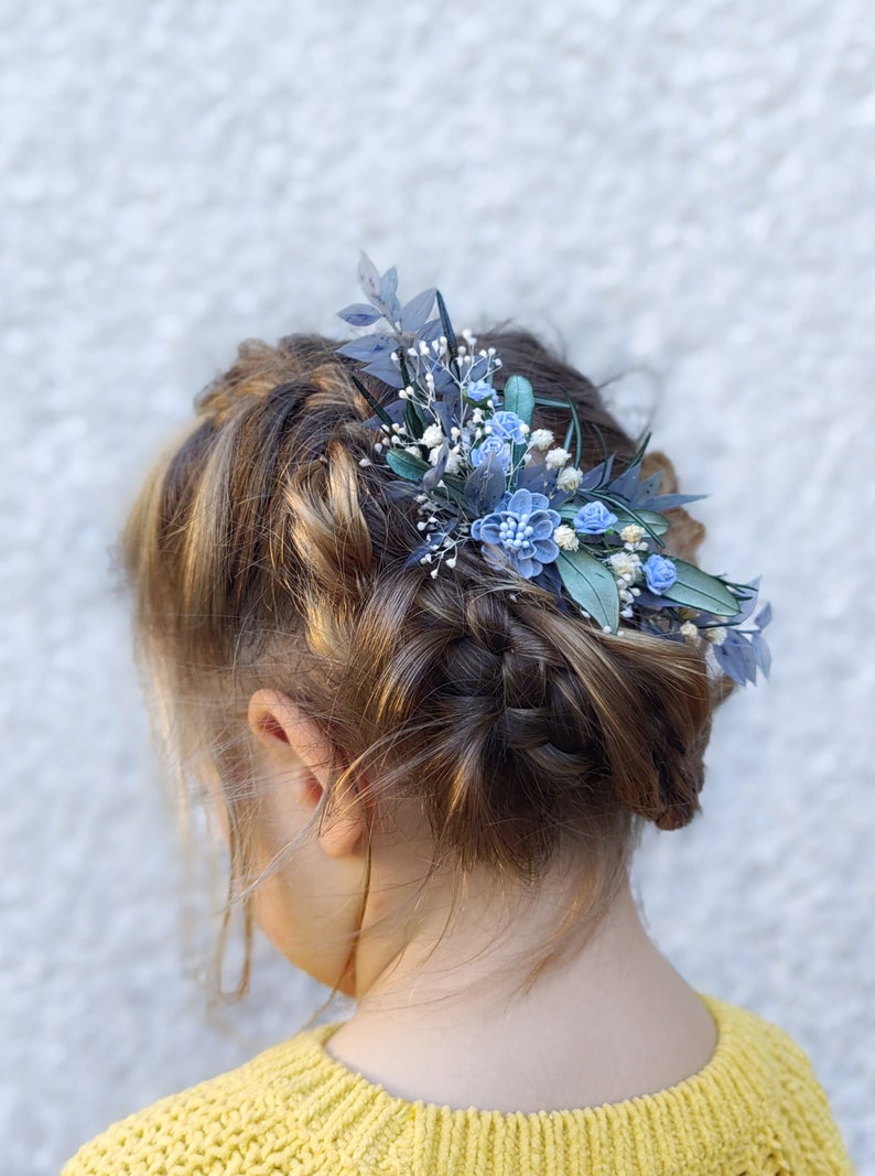 Romantic bridal hair comb Baby blue flowers Blue bridal hair comb Greenery hair comb Bridal hairstyle Blue and green hair comb Flower hair image 10