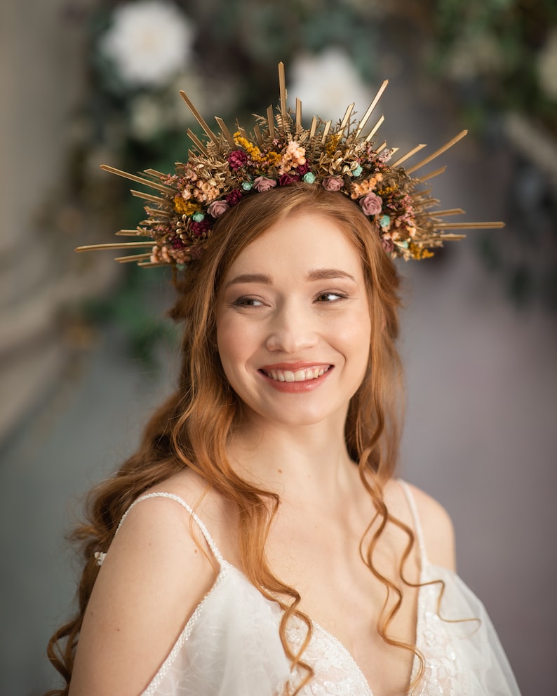 Autumn flower halo crown Sun ray fall halo crown Burgundy pink Spiked wedding crown Met gala headband Golden bridal spike crown Magaela image 3