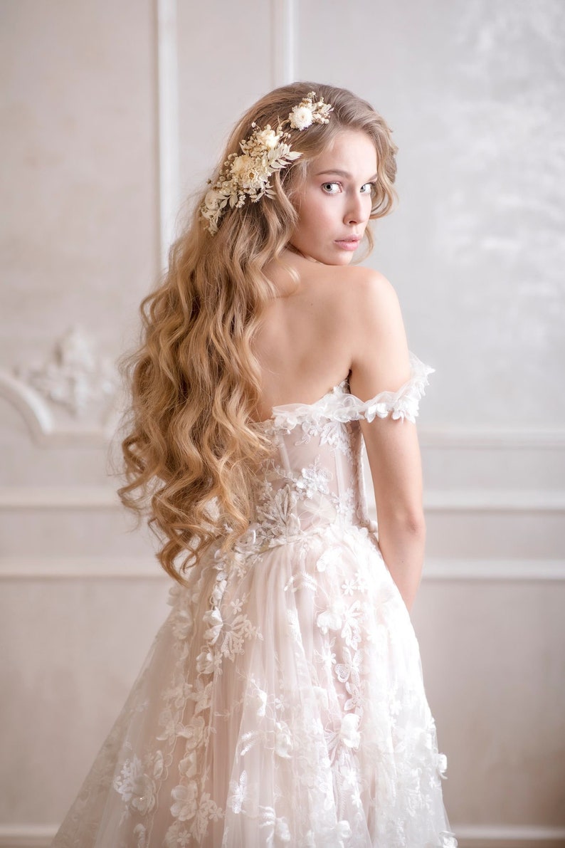 Arreglo de pelo de flores de boda de marfil con flores preservadas Tocado de boda Enredadera de pelo blanco Flores de pelo nupcial Pieza de pelo blanco imagen 6