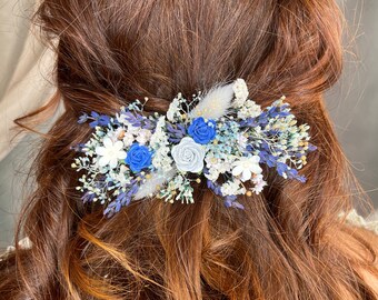Broche à Cheveux Fleur Camélia Bleu - Barrette Boho Vintage - Accessoire Cheveux Mariée - Fait Main
