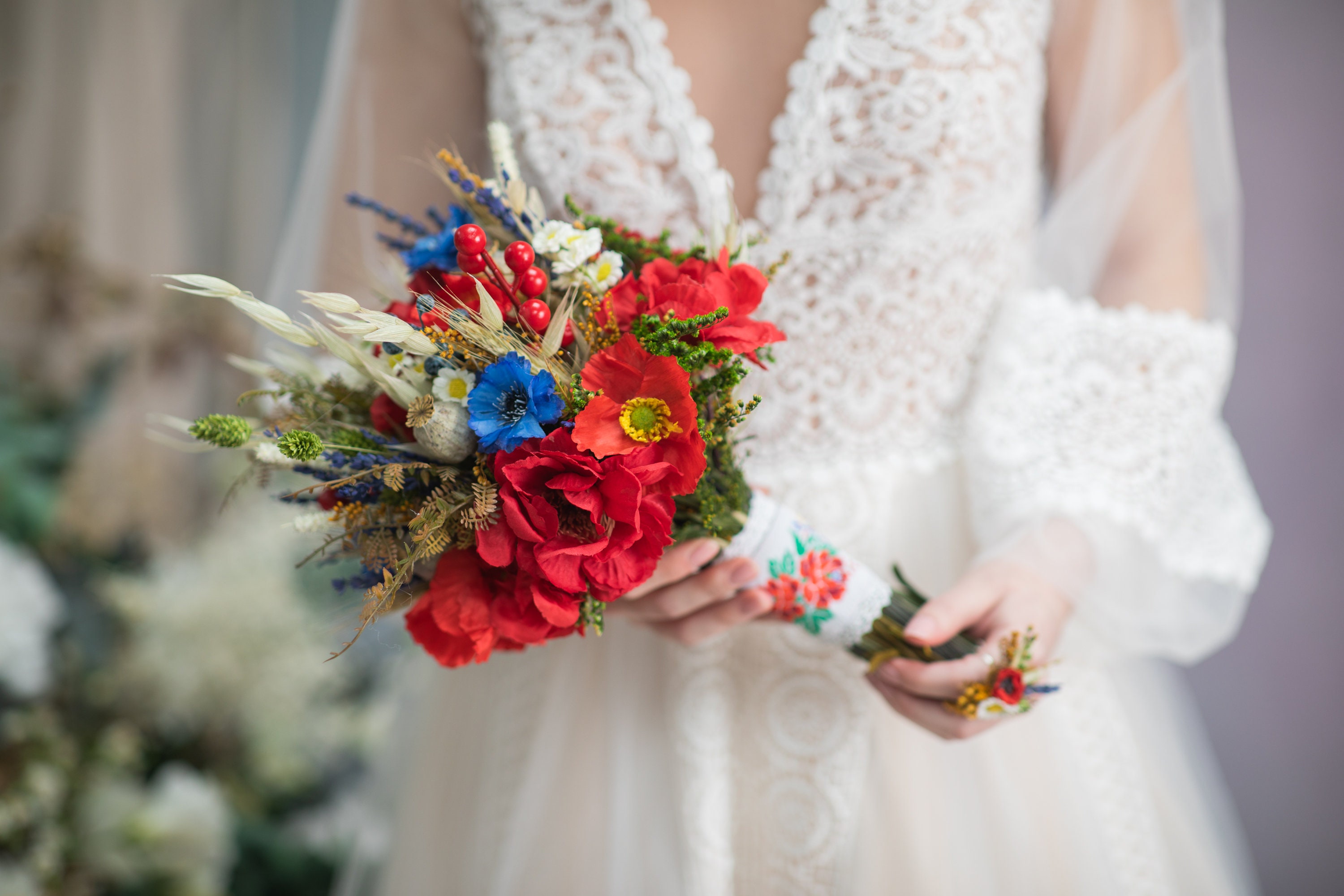 Folk Wedding Bouquet: Red Poppy, Cornflower, and Daisy Bridal