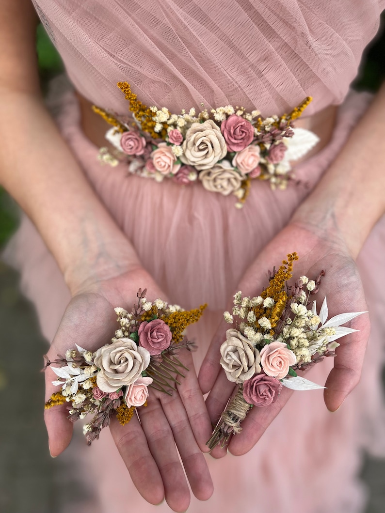 Cinturón de flores romántico Faja de flores rosa polvoriento Cinturón de boda rosa pastel para vestido Cinturón romántico con cinta Joyería de flores de boda Magaela imagen 8