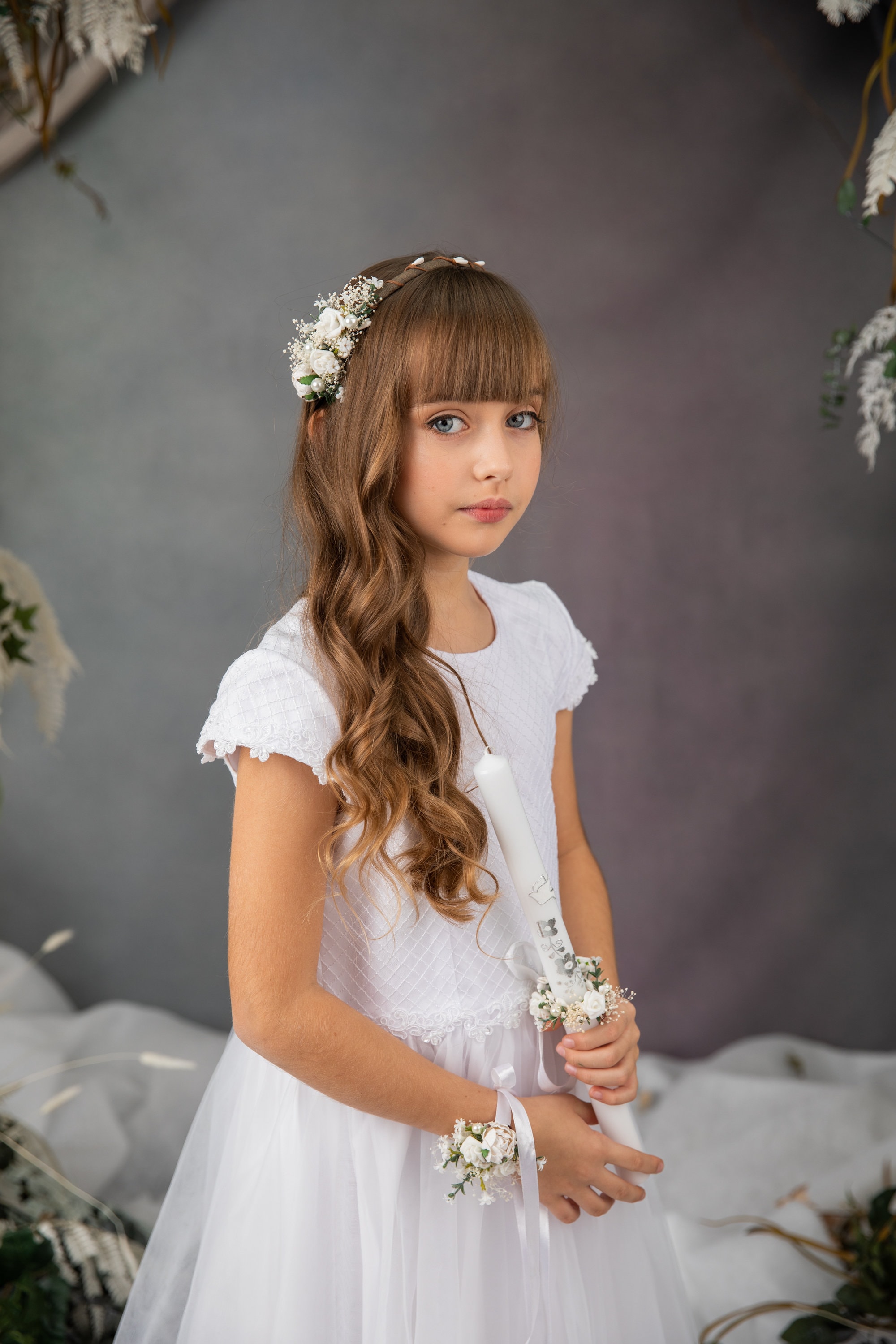 First Communion Flower Set: Headband, Bracelet, Candle  display picture 3