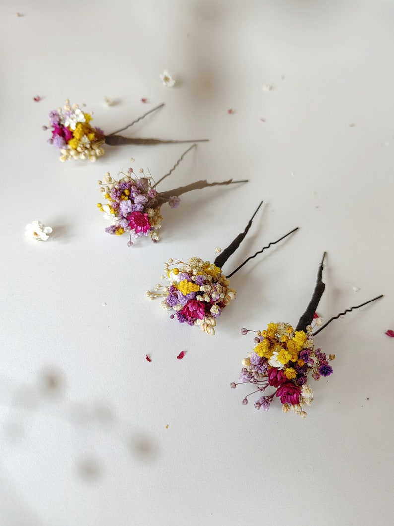 Summer dried flower hairpins Magenta violet yellow hairpins Preserved flowers Bridal hair accessories Natural preserved hairpins Magaela image 3