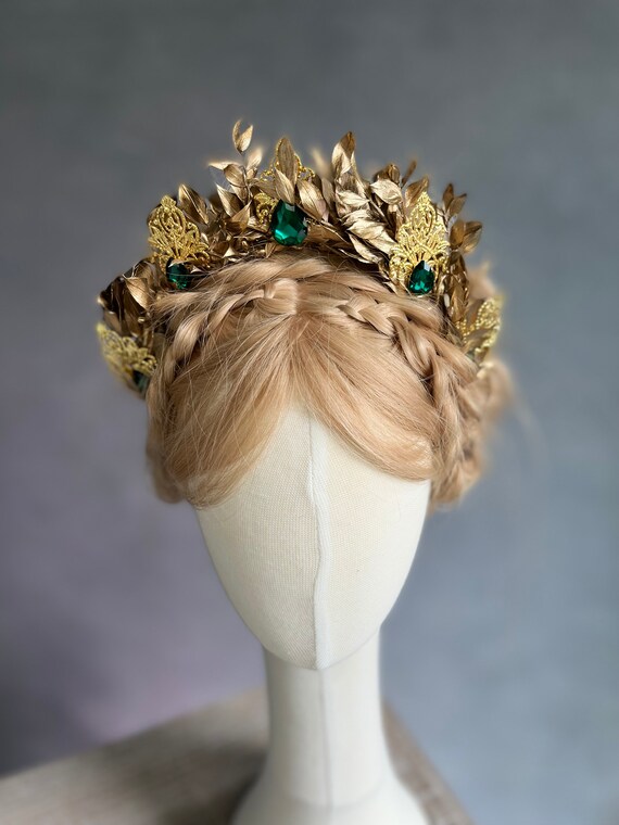 thumbnail image 2 of Antique Brass Flower Leaf Pearl Crystal Tiara Crown For Women – Wedding Prom Queen 2 of 6
